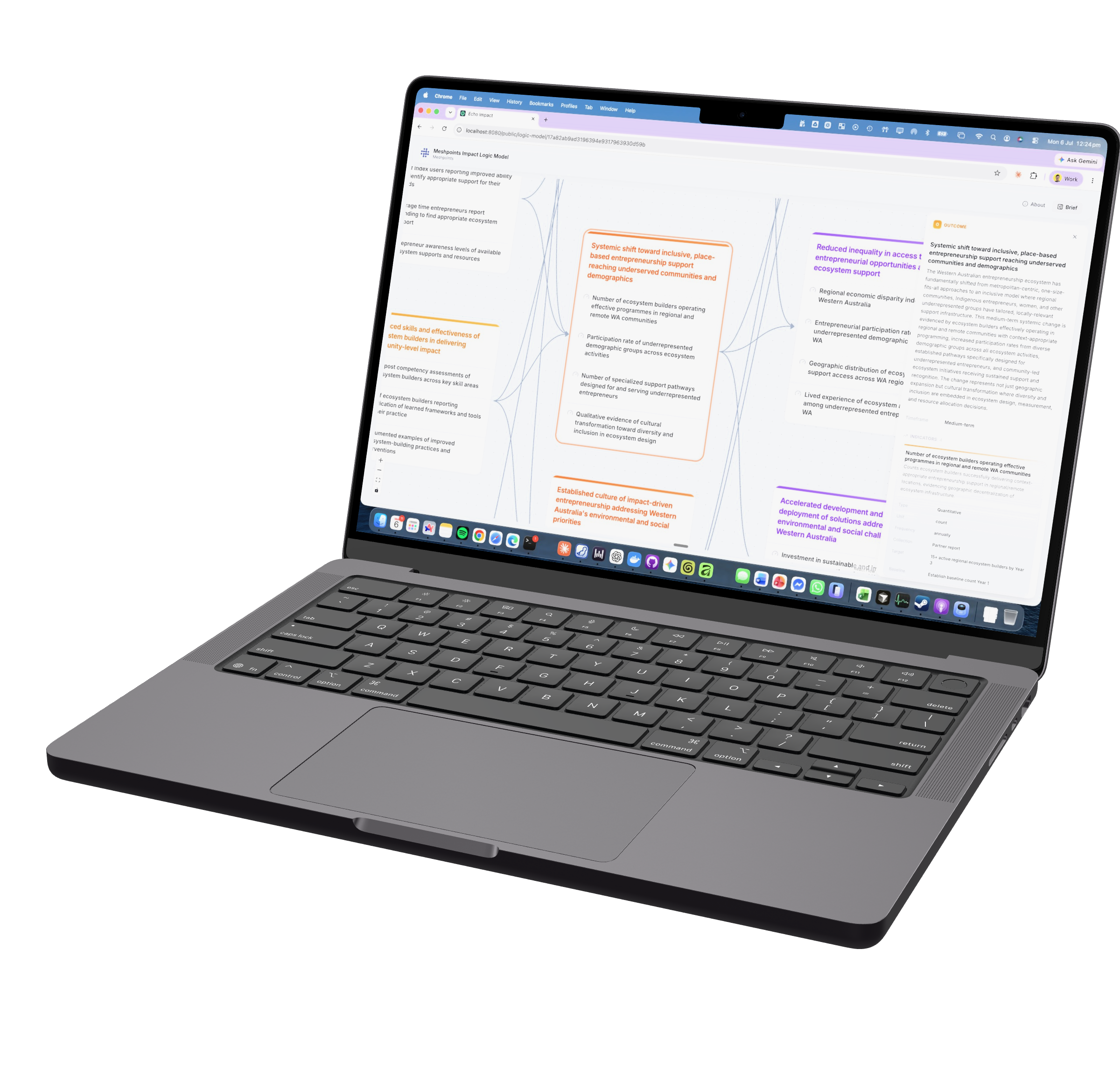 A laptop showing a finished Echo impact logic model with activities, outcomes and long-term impact linked together.